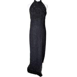 Vintage Nipon Nights 100% Silk Heavily Beaded Black Evening Gown Halter